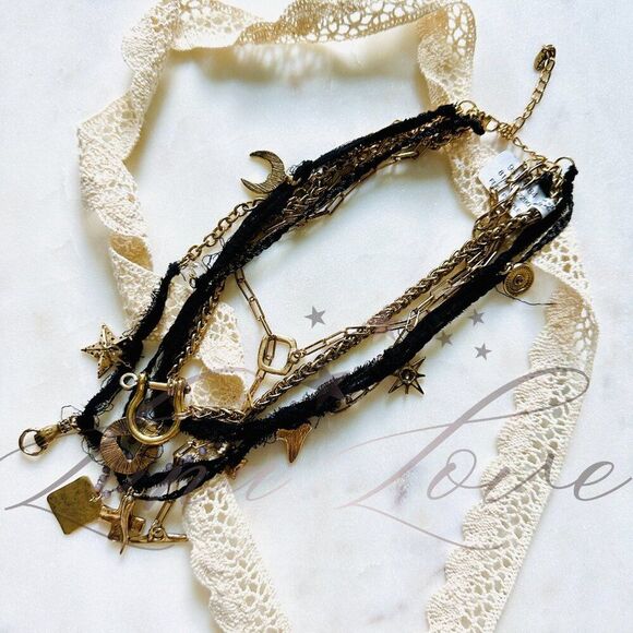 FREE PEOPLE Maggie May Layered Necklace In Gold & Black NWT - Picture 2 of 5